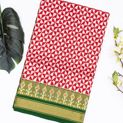 Red Handloom Ikat Silk Saree With Contrast Green Border