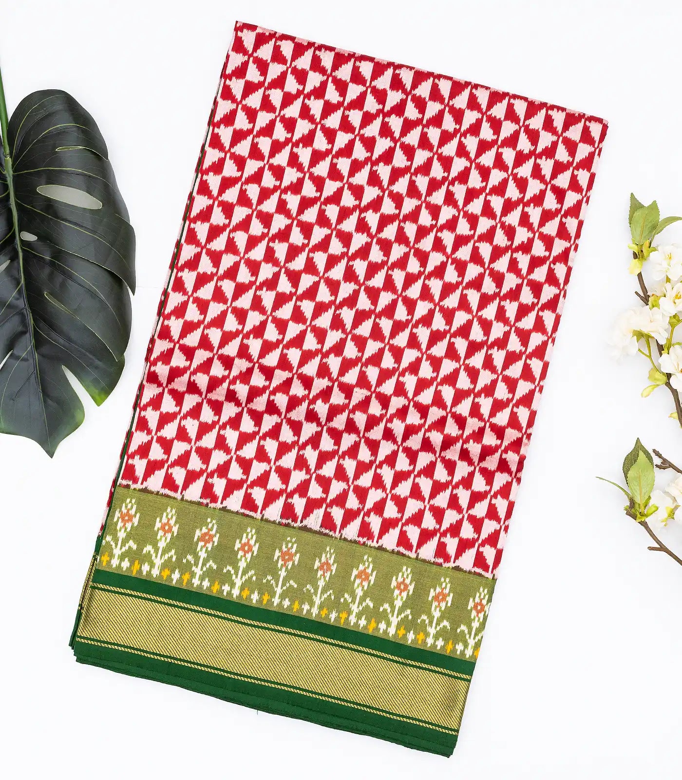 Red Handloom Ikat Silk Saree With Contrast Green Border