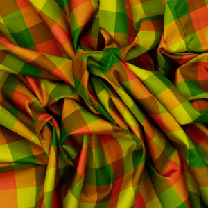 Green & Orange Handloom Kanchipuram Silk Saree With Checks