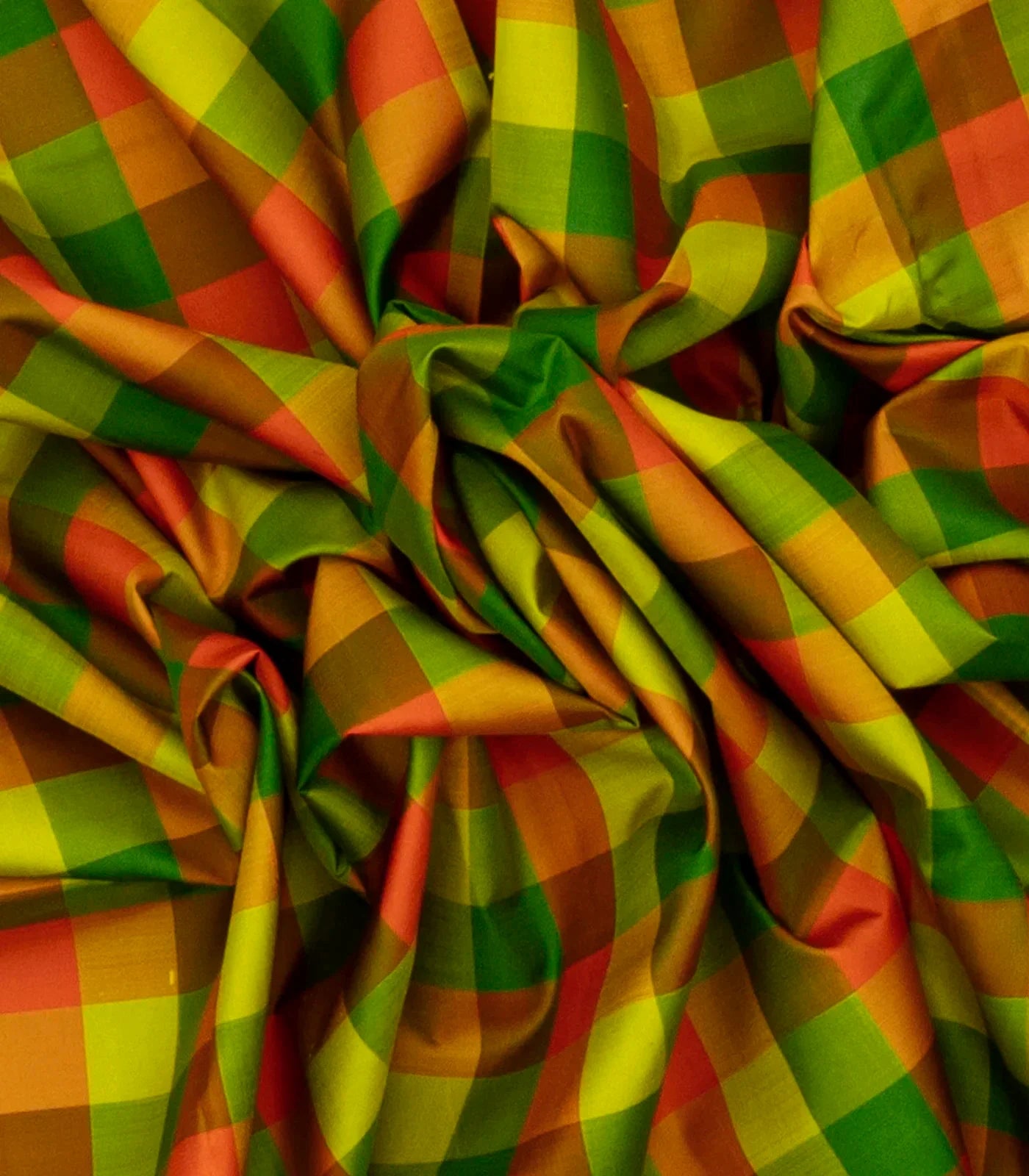 Green & Orange Handloom Kanchipuram Silk Saree With Checks