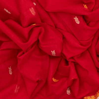 Red Handloom Bengal Cotton Saree With Mango Buttas