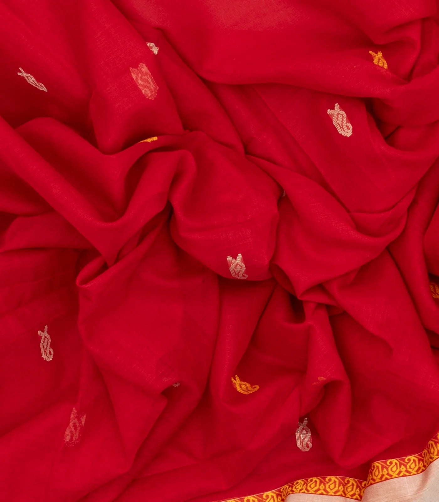 Red Handloom Bengal Cotton Saree With Mango Buttas