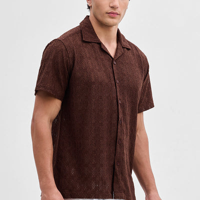 Brown Self-Design Crochet Shirt
