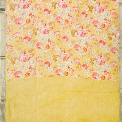 Yellow Handloom Tussar Linen Silk Saree With Printed Floral Motifs