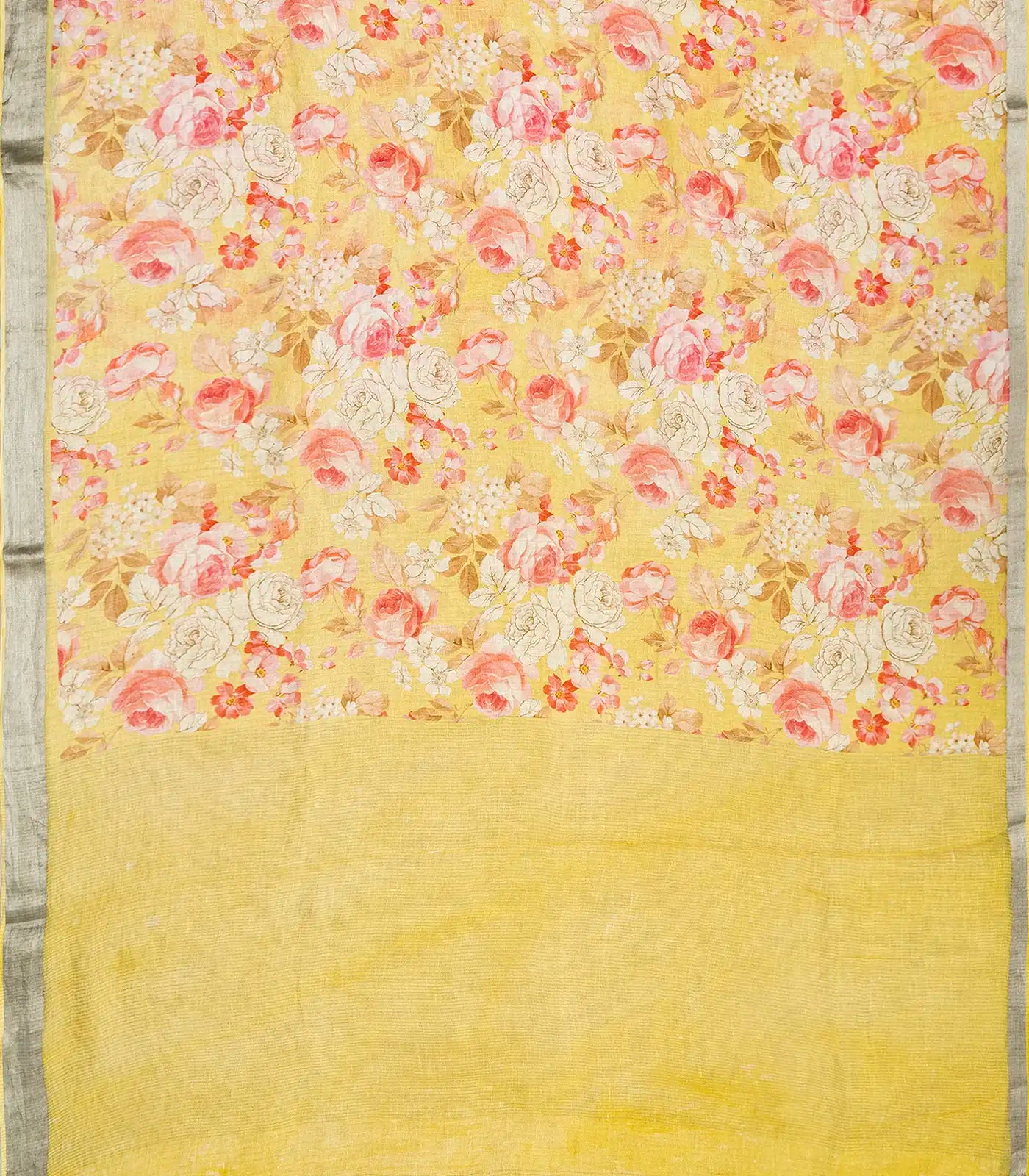 Yellow Handloom Tussar Linen Silk Saree With Printed Floral Motifs