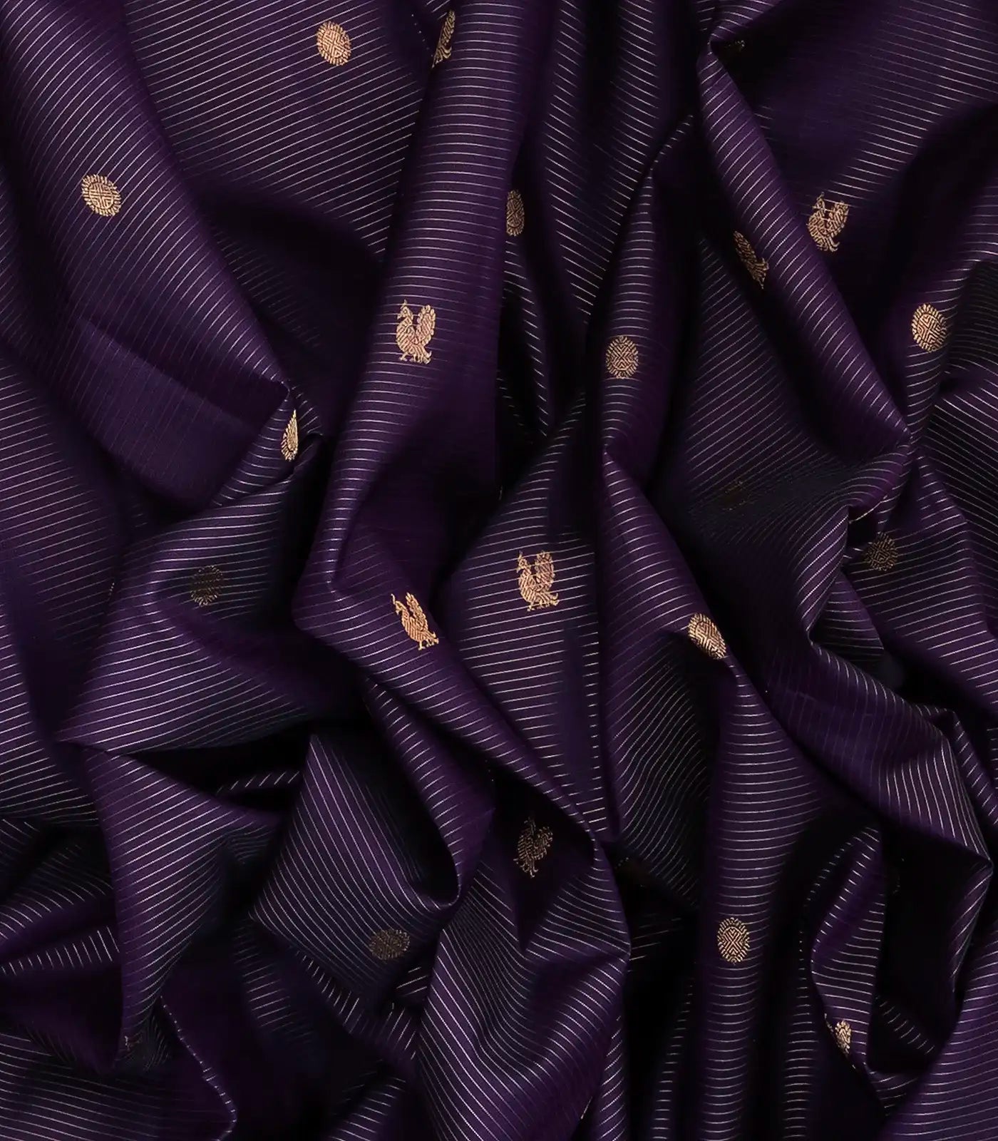 Dark Purple Handloom Kanchipuram Silk Saree With Stripes & Annam Buttas