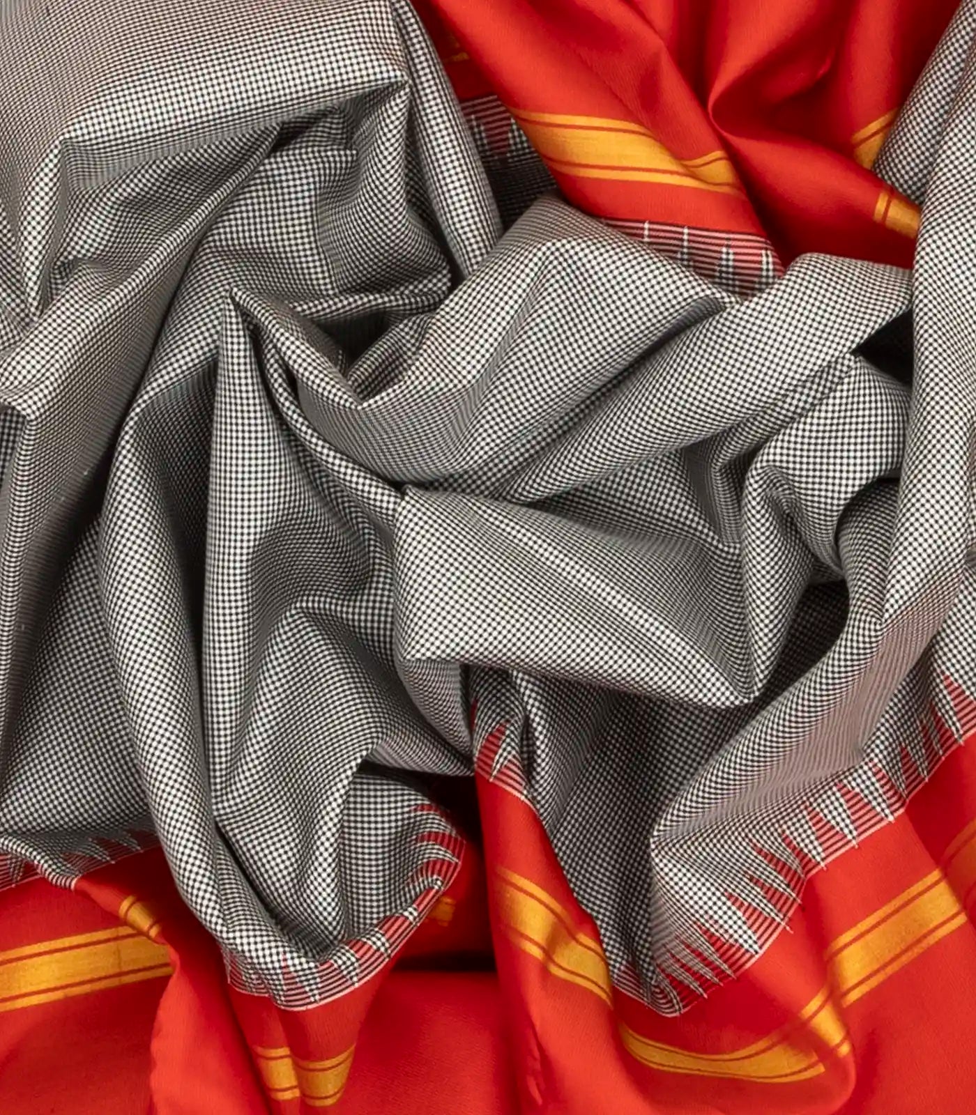 Grey Handloom Kanchipuram Korvai Silk Saree With Checks