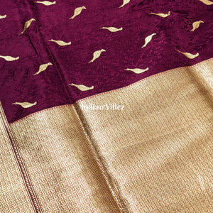 Wine Parrot Motif Pure Banarasi Katan Silk Saree