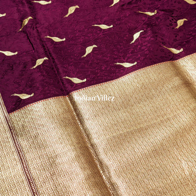 Wine Parrot Motif Pure Banarasi Katan Silk Saree