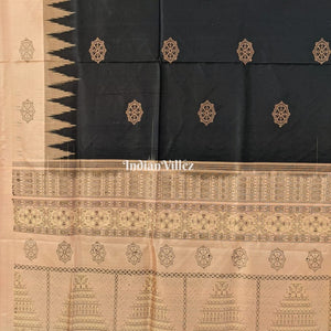 Black Peach Konark Temple Theme Bomkai Sambalpuri Ikat Silk Saree
