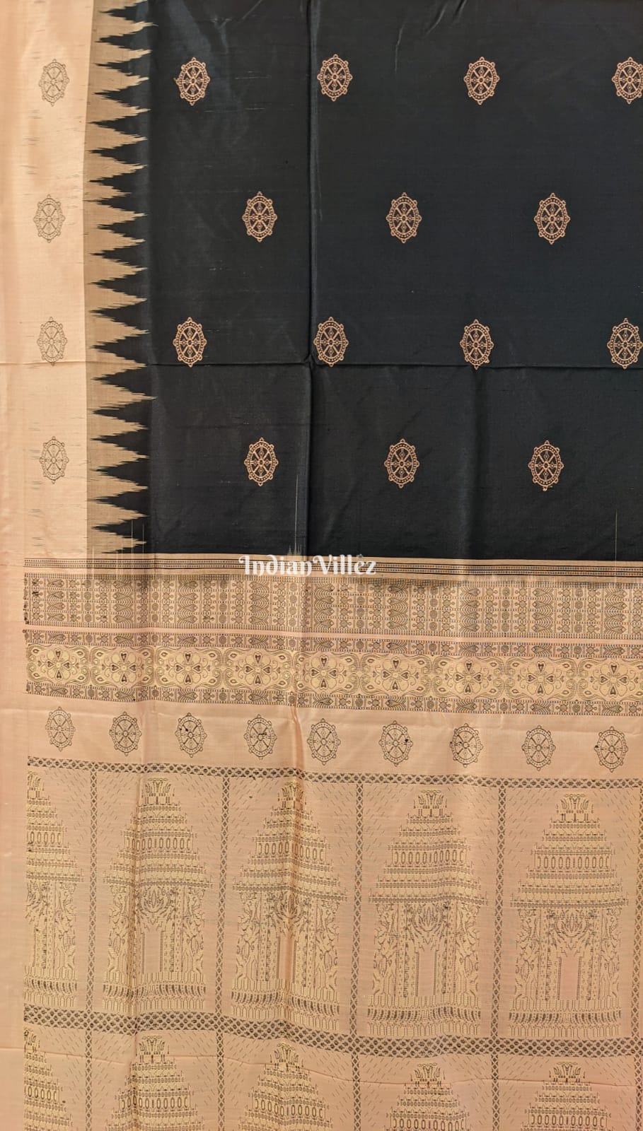 Black Peach Konark Temple Theme Bomkai Sambalpuri Ikat Silk Saree