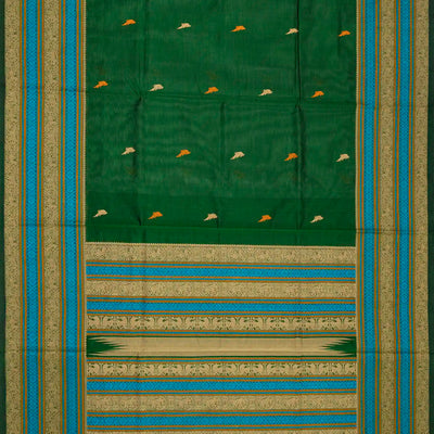 Dark Green Handloom Silk Cotton Saree With Parrot Buttas