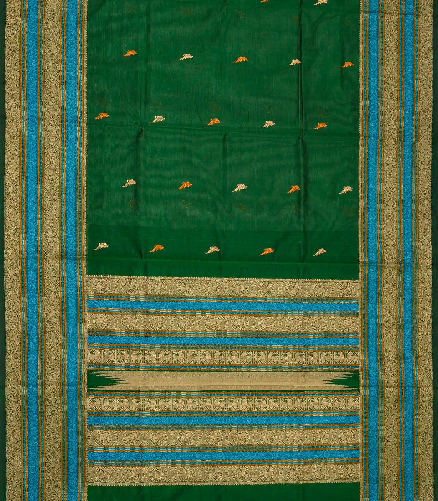 Dark Green Handloom Silk Cotton Saree With Parrot Buttas