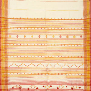 Off White Handloom Bhujodi Cotton Saree With Mustard Stripes