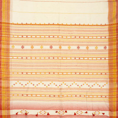Off White Handloom Bhujodi Cotton Saree With Mustard Stripes