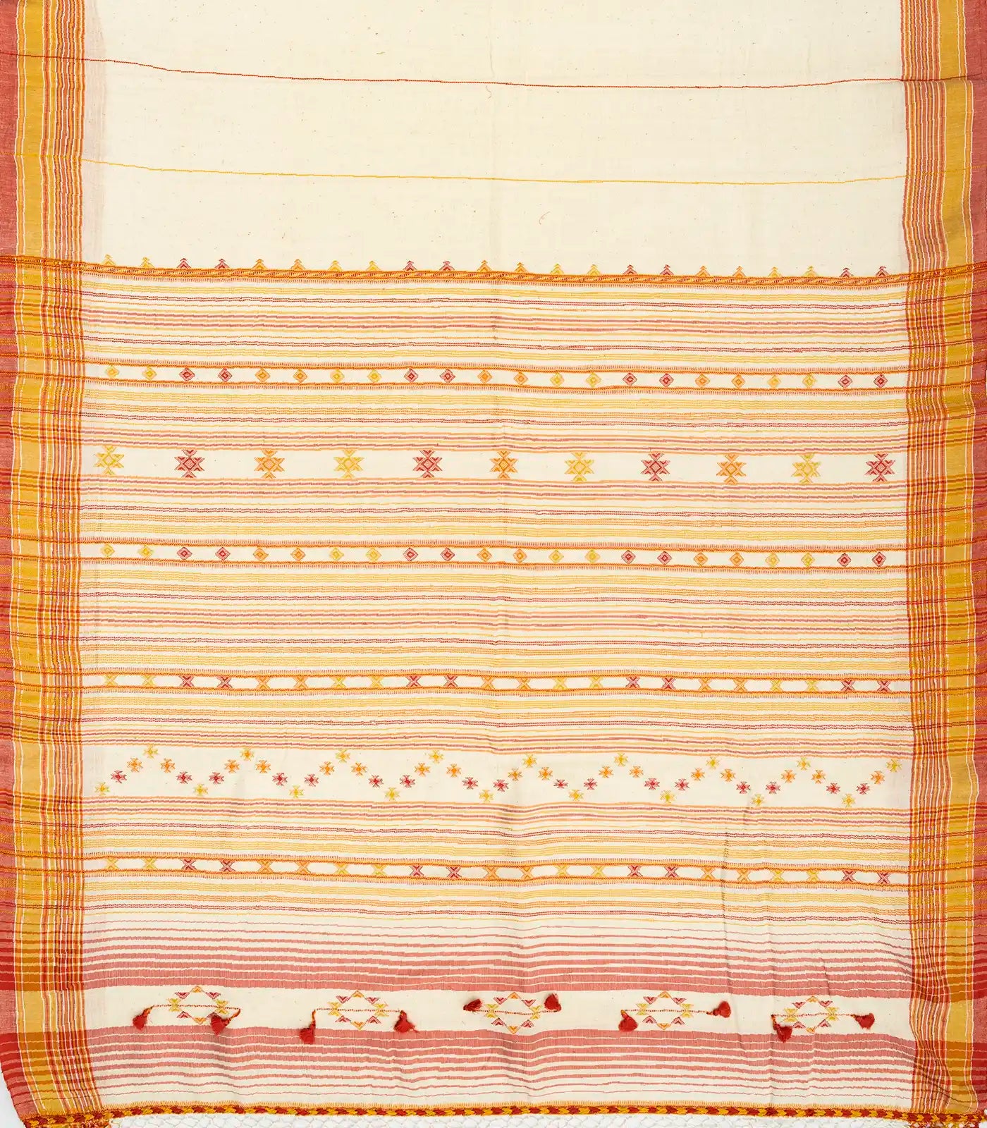 Off White Handloom Bhujodi Cotton Saree With Mustard Stripes