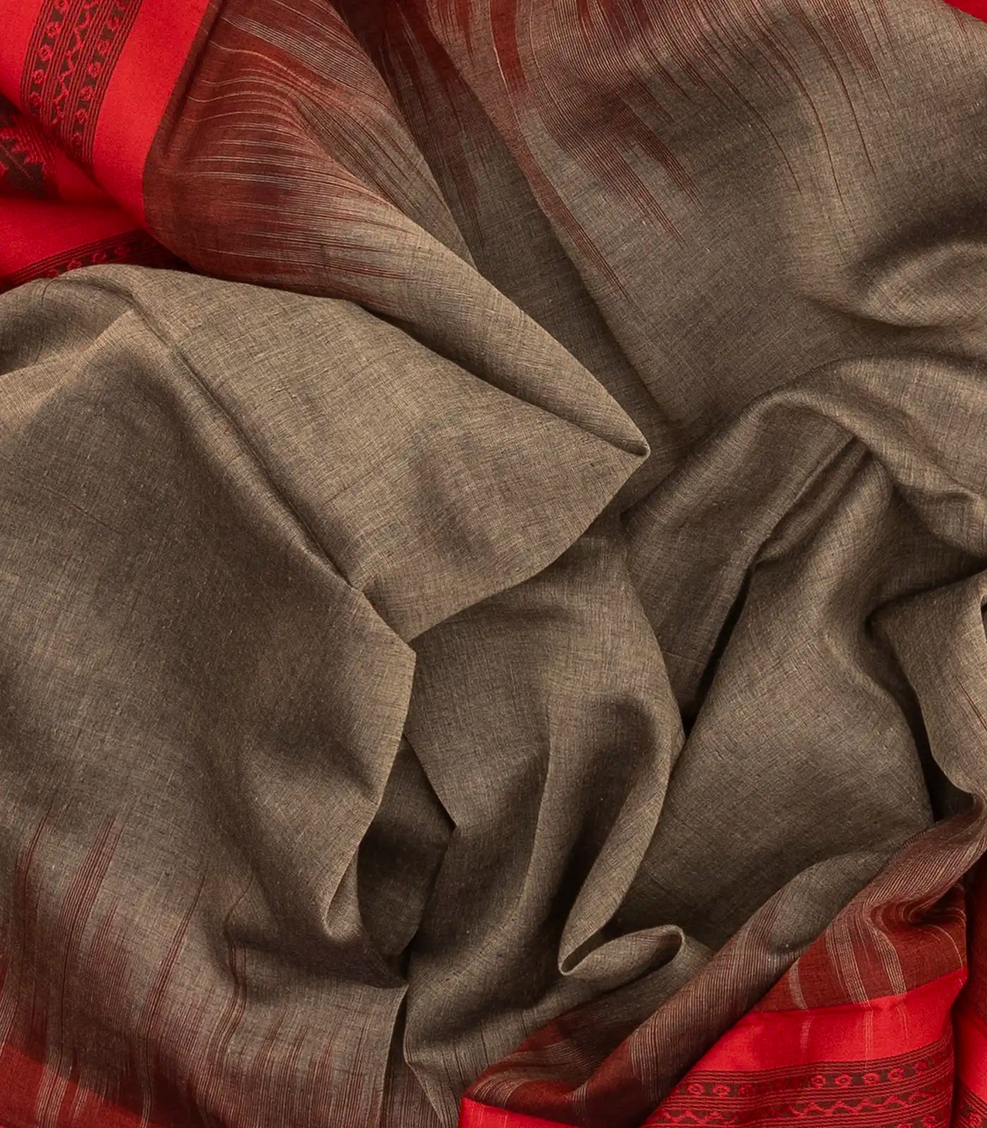 Grey Handloom Bengal Cotton Saree With Red Border