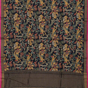 Black Handloom Tussar Silk Saree Printed & Embroidered Motifs