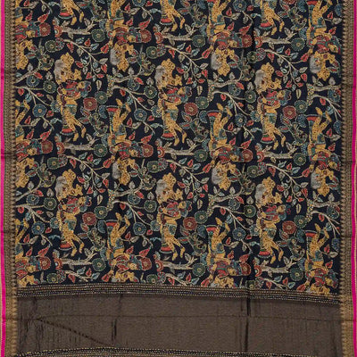 Black Handloom Tussar Silk Saree Printed & Embroidered Motifs