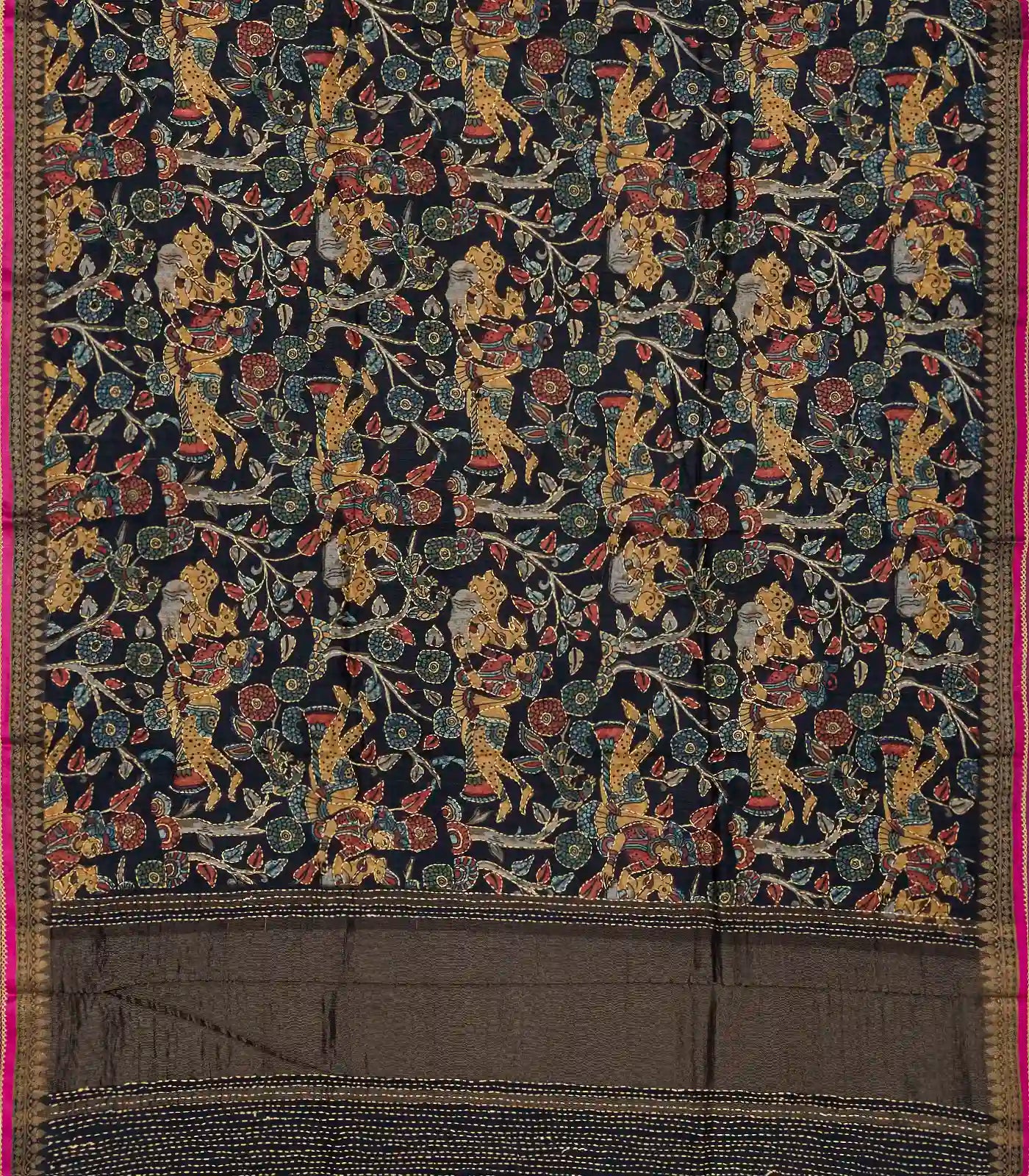 Black Handloom Tussar Silk Saree Printed & Embroidered Motifs