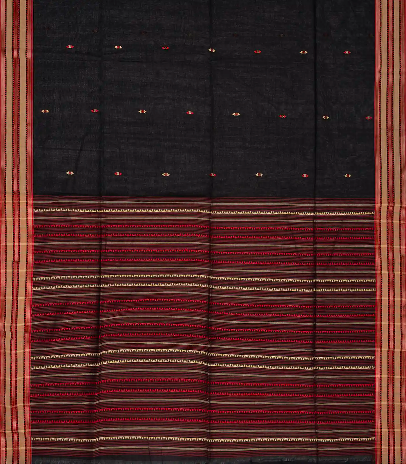 Black Handloom Bengal Cotton Saree With Diamond Motifs