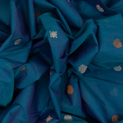 Blue Handloom Kanchi Cotton Saree With Annam & Diamond Buttas