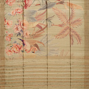 Light Green Handloom Tussar Silk Saree With Printed Crane Motifs-Light Green