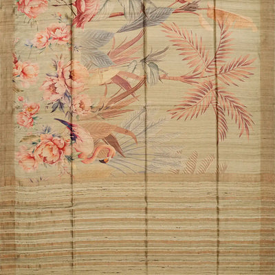 Light Green Handloom Tussar Silk Saree With Printed Crane Motifs-Light Green