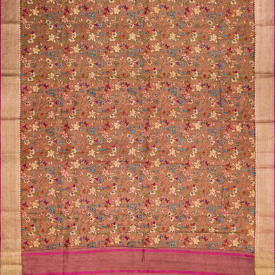 Brown Woven Chiniya Silk Saree Digital Printed With Floral Motifs