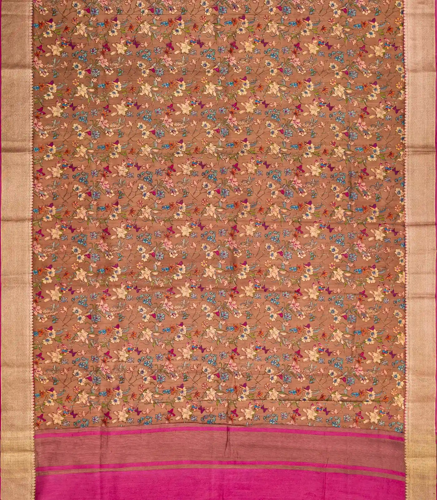 Brown Woven Chiniya Silk Saree Digital Printed With Floral Motifs