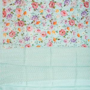 Turquoise Handloom Tussar Linen Blend Silk Saree Printed With Floral Motifs