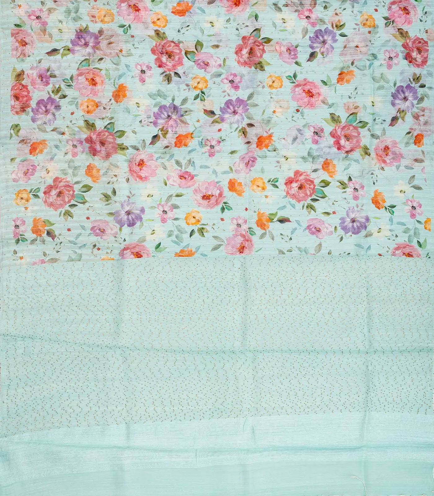 Turquoise Handloom Tussar Linen Blend Silk Saree Printed With Floral Motifs