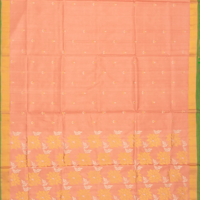 Peach Handloom Uppada Silk Saree With Floral Zari Buttas