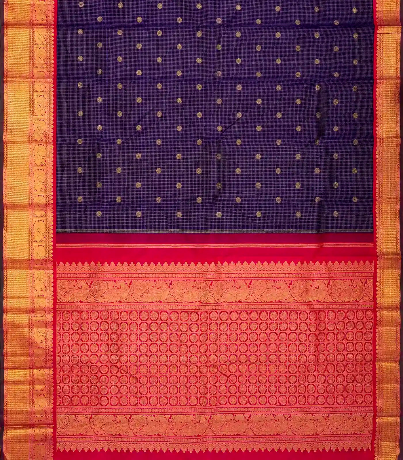Violet Handloom Kanchipuram Korvai Silk Saree With Zari Checks & Buttas