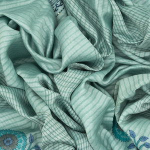 Turquoise Chanderi Cotton Saree Printed With Stripes & Floral Motifs