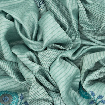 Turquoise Chanderi Cotton Saree Printed With Stripes & Floral Motifs