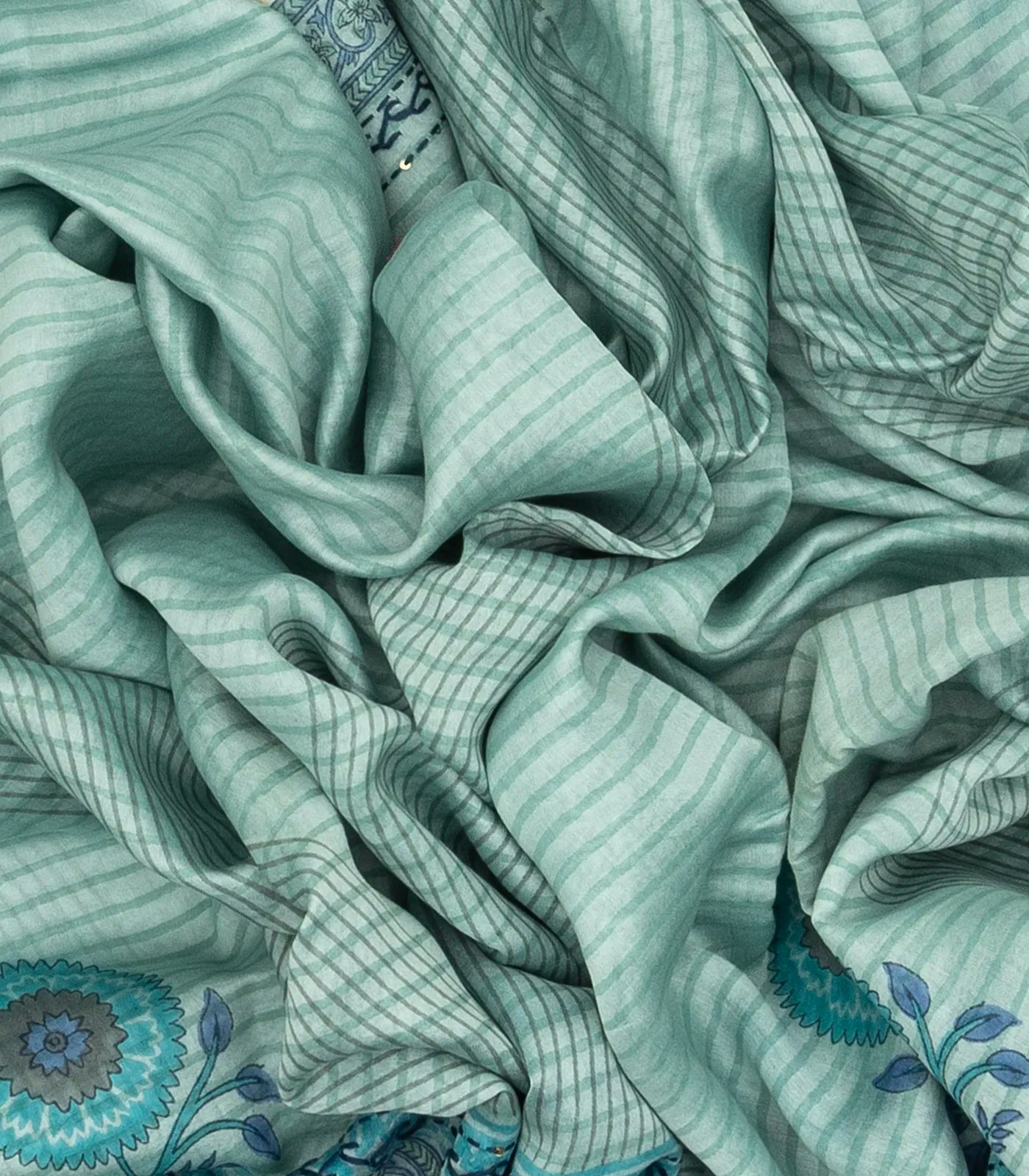 Turquoise Chanderi Cotton Saree Printed With Stripes & Floral Motifs