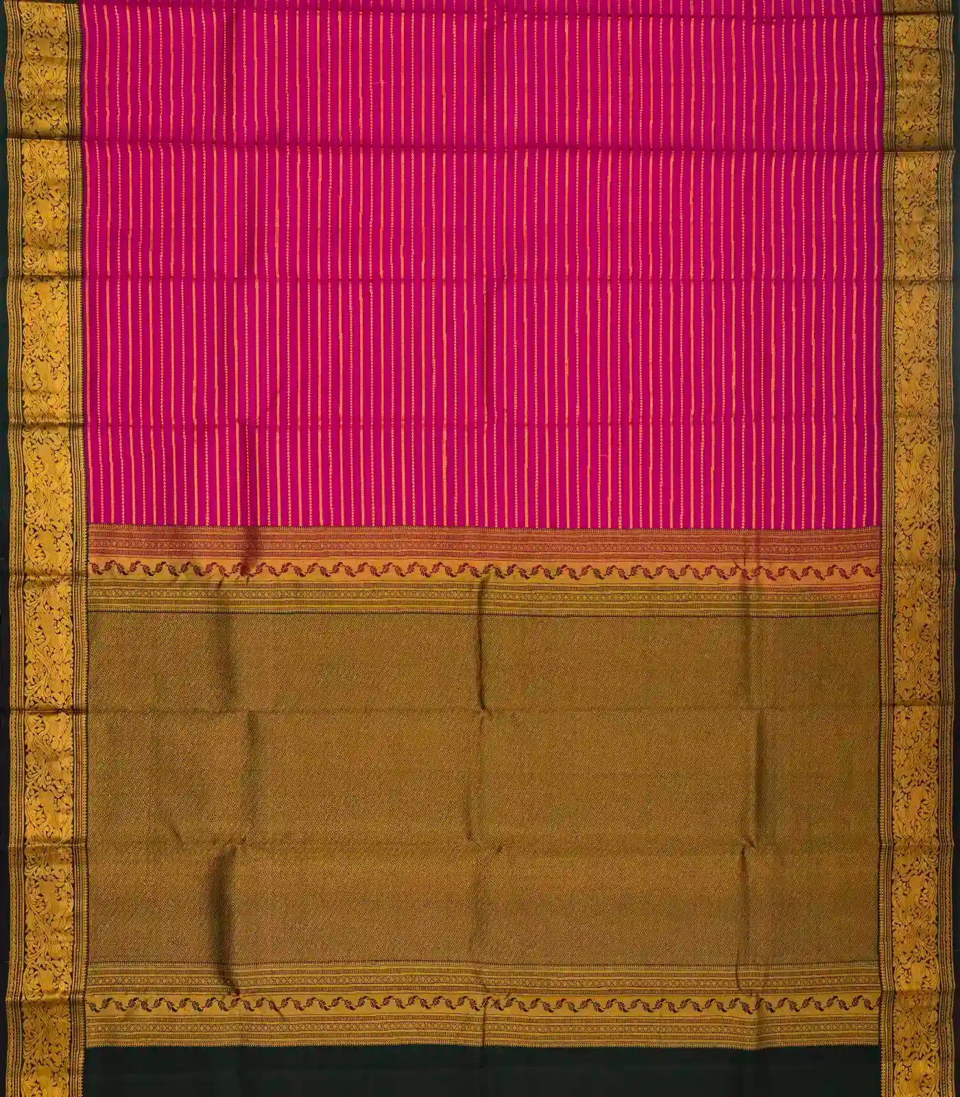 Hot Pink Silk Saree With Zari Stripes & Black Border