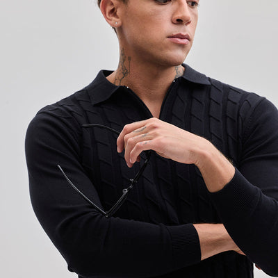 Black Zipper Knitted Polo T-Shirt
