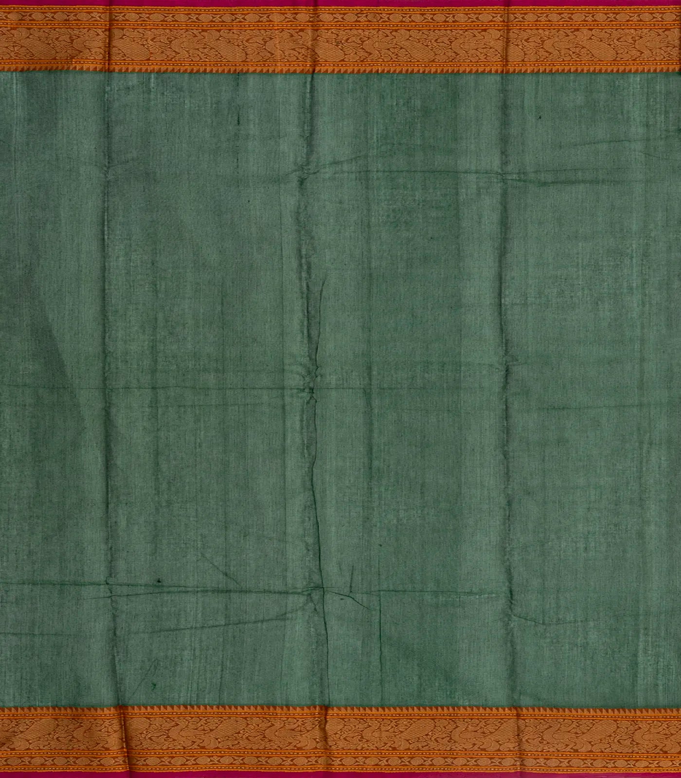 Dark Green Handloom Kanchi Cotton Saree With Checks & Square Motifs