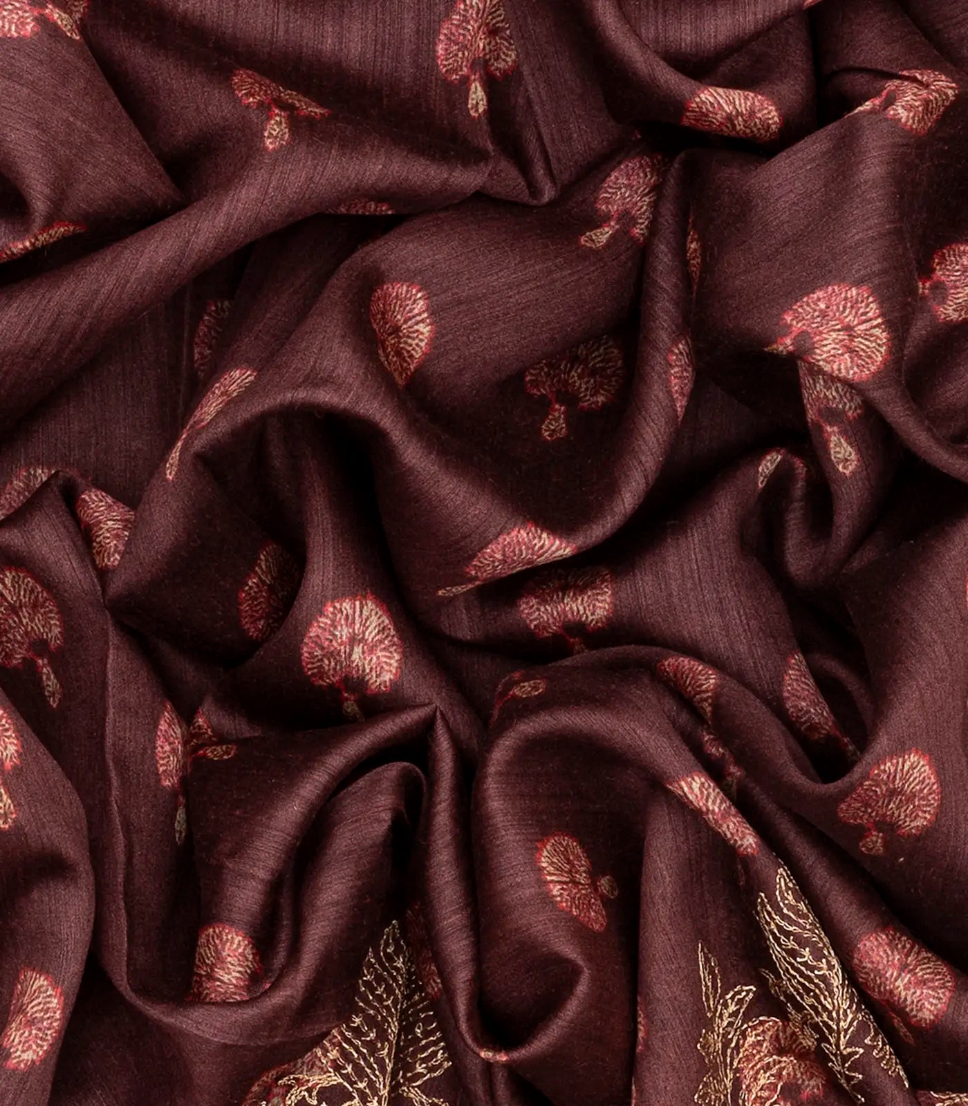 Rosy  Brown Handloom Tussar Silk Saree With Printed & Embroidery Motifs-Rosybrown