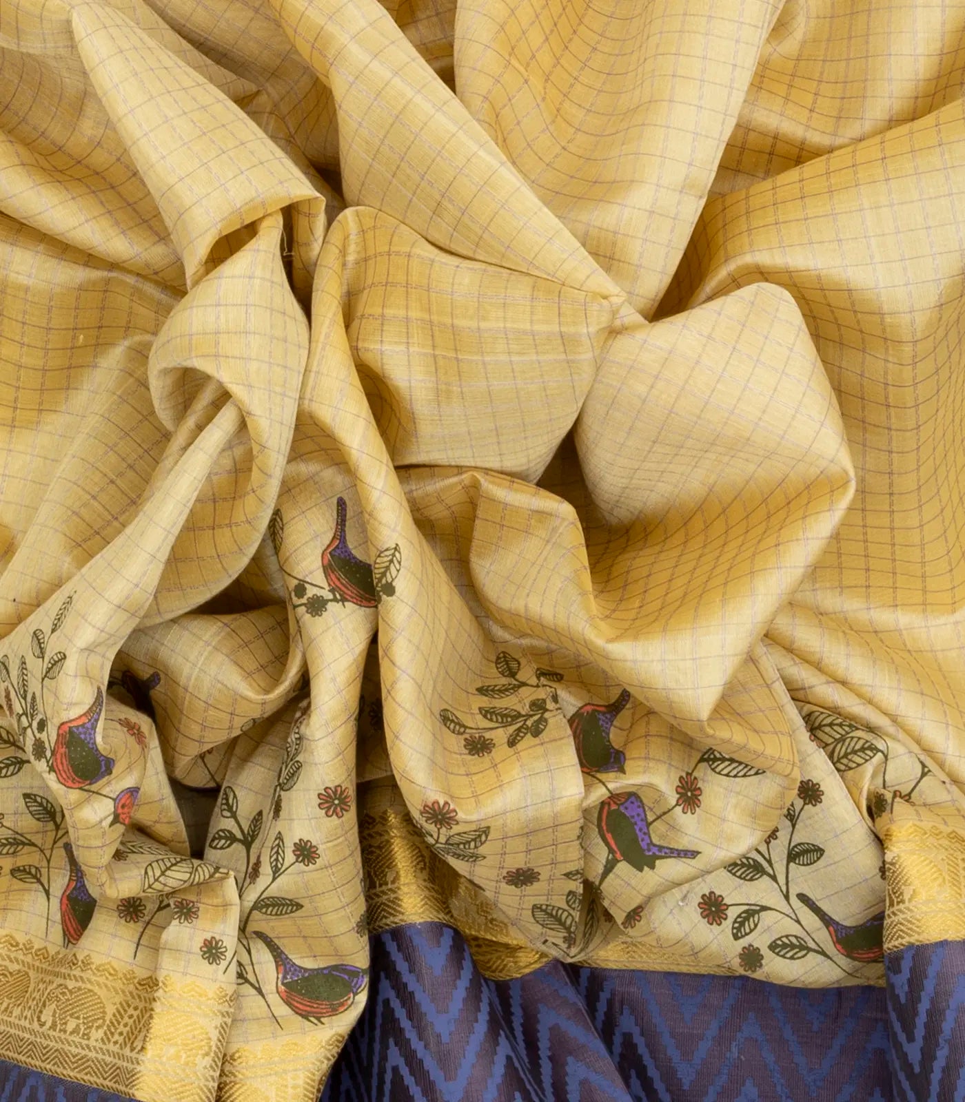 Cream Handloom Chirala Silk Cotton Saree With Printed Bird Motifs