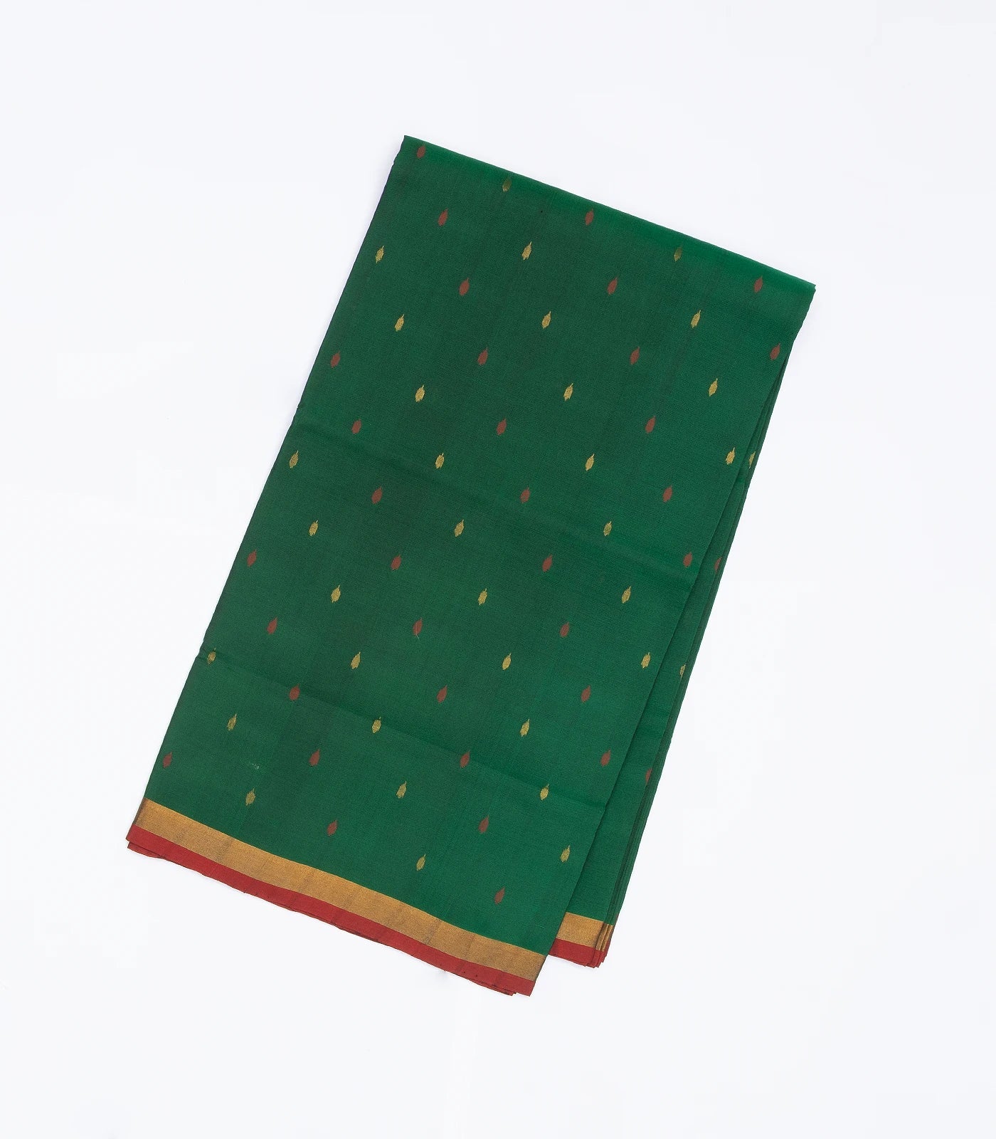 Dark Green Handloom Uppada Silk Saree With Floral Buttas & Zari Border