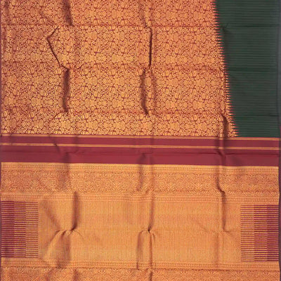 Bottle Green Handloom Kanchipuram Korvai Rising Border Silk Saree With Stripes