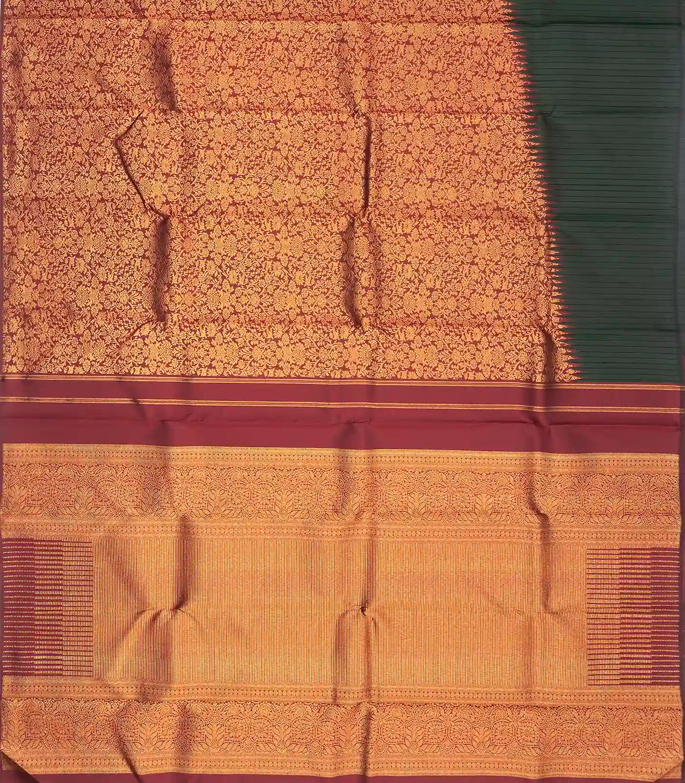 Bottle Green Handloom Kanchipuram Korvai Rising Border Silk Saree With Stripes