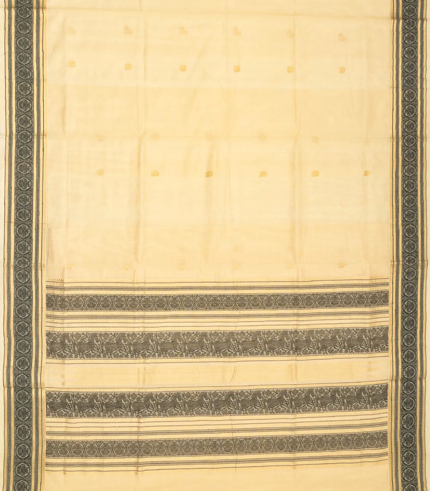 Cream Handloom Silk Cotton Saree With Elephant Buttas