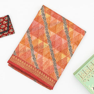 Dark Peach Handloom Tussar Silk Saree Printed With Geometric & Floral Motifs