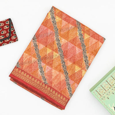 Dark Peach Handloom Tussar Silk Saree Printed With Geometric & Floral Motifs