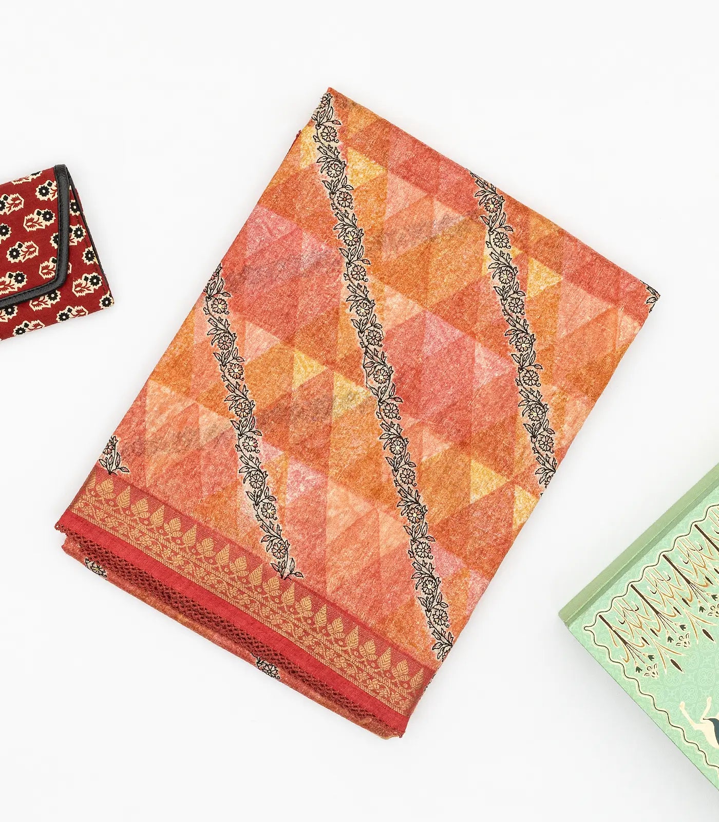 Dark Peach Handloom Tussar Silk Saree Printed With Geometric & Floral Motifs