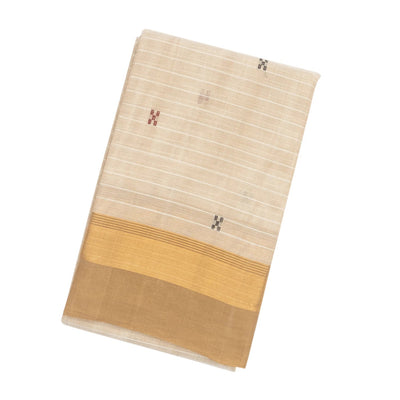 White Handloom Village Cotton Saree With Cross buttas in Red and Black